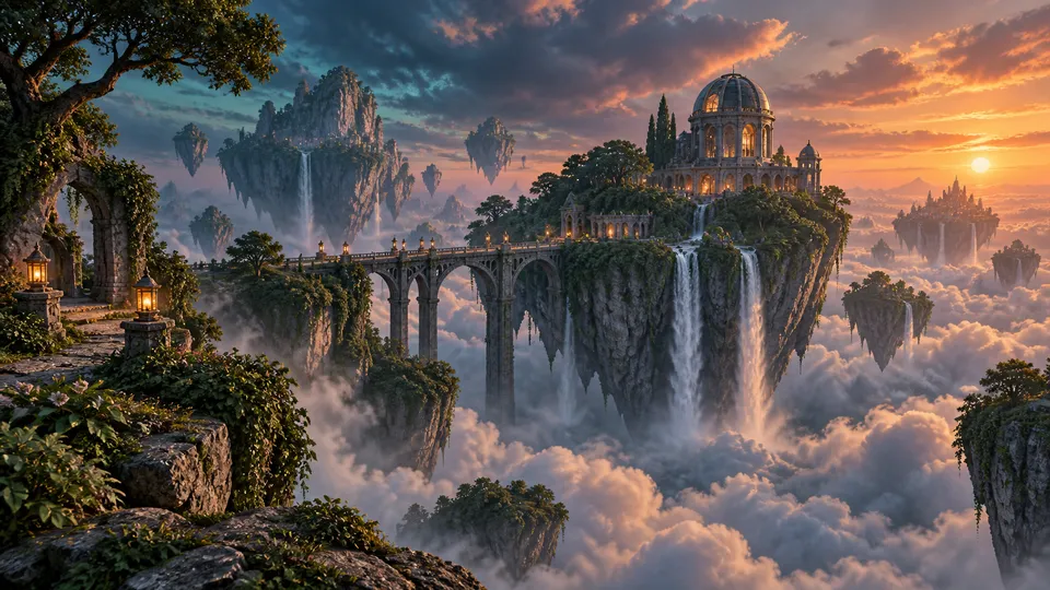 Imagined islands and ancient buildings suspended in the clouds
