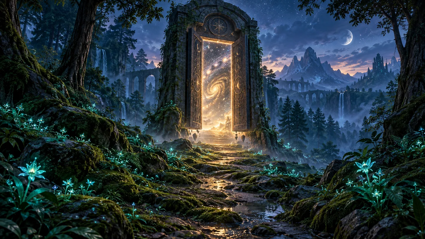 An ancient doorway glows gold inside a blue, otherworldly forest